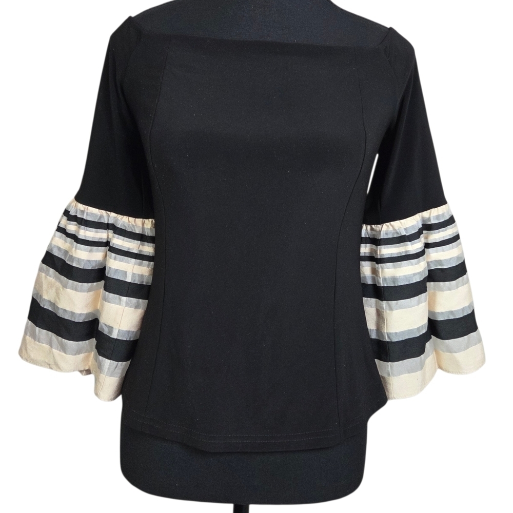Joseph Ribkoff Black Square Neck Top with Cream Striped Bell Sleeves Size 8